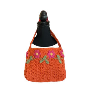 VINTAGE ORANGE STRAW BAG WITH BEAUTIFUL PINK AND YELLOW FLOWERS